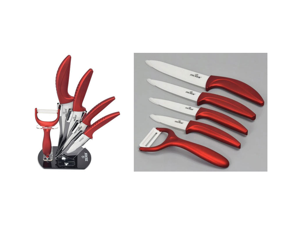 Комплект ножове с поставка ZILNER ZL 5123, 6 части, Белачка, Керамично покритие, Червен