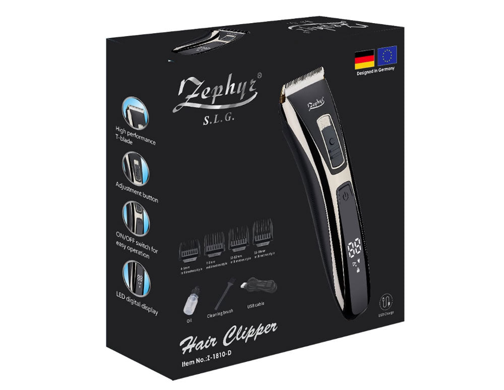 Машинка за подстригване ZEPHYR ZP 1810 D, LED дисплей, 4 приставки, Аксесоари, Безжична, Черен