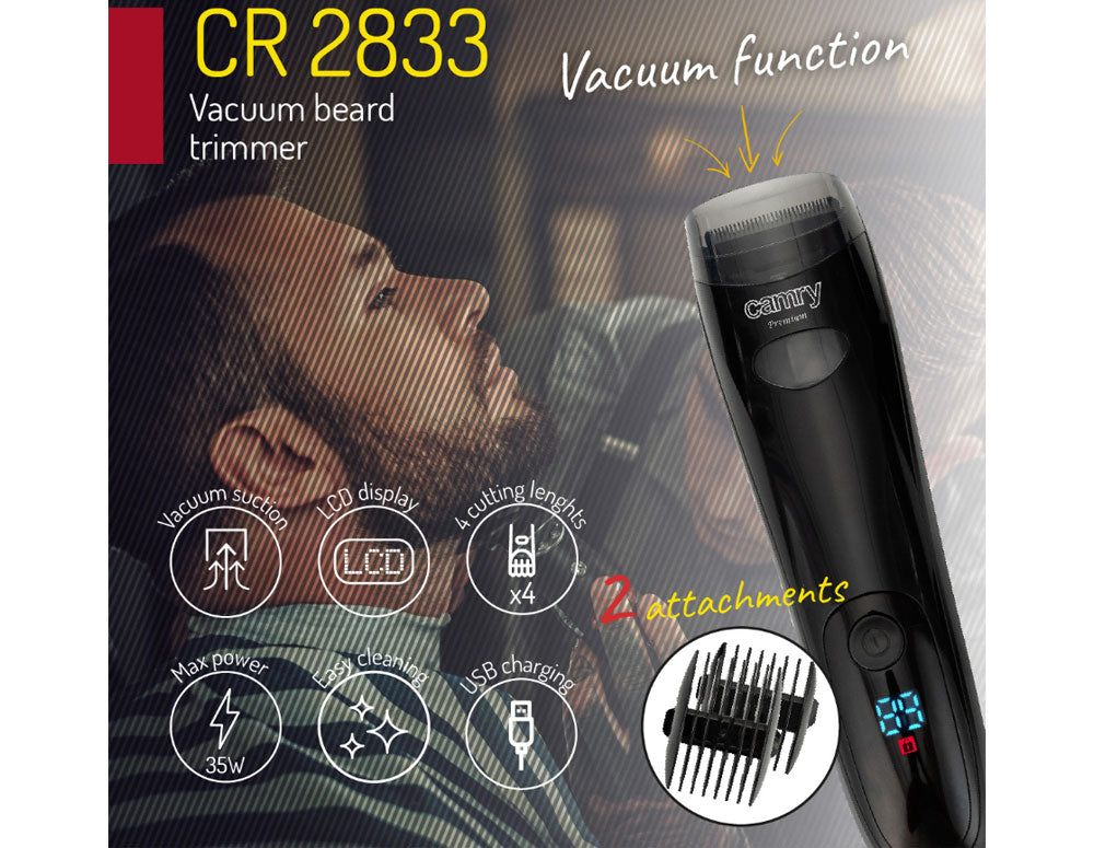 Вакумен тример за брада Camry CR 2833, Безжичен, LCD дисплей, USB зареждане, 2 приставки, Черен