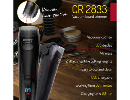Вакумен тример за брада Camry CR 2833, Безжичен, LCD дисплей, USB зареждане, 2 приставки, Черен