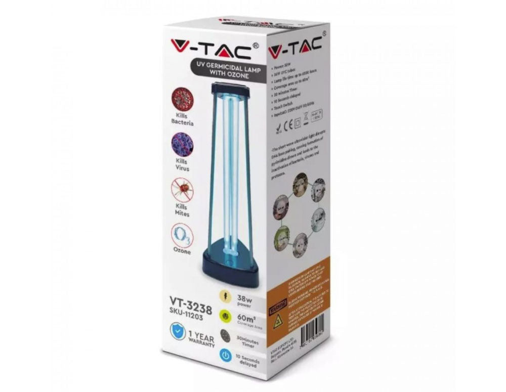Бактерицидна антивирусна лампа V-TAC 11203, UV + Озон, 38W, 60 кв.м, Таймер, Черен