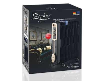 Радиатор ZEPHYR ZP 1971 G13, 2500W, 13 ребра, 3 степени, Поставка за дрехи, Регулируем термостат, Черен