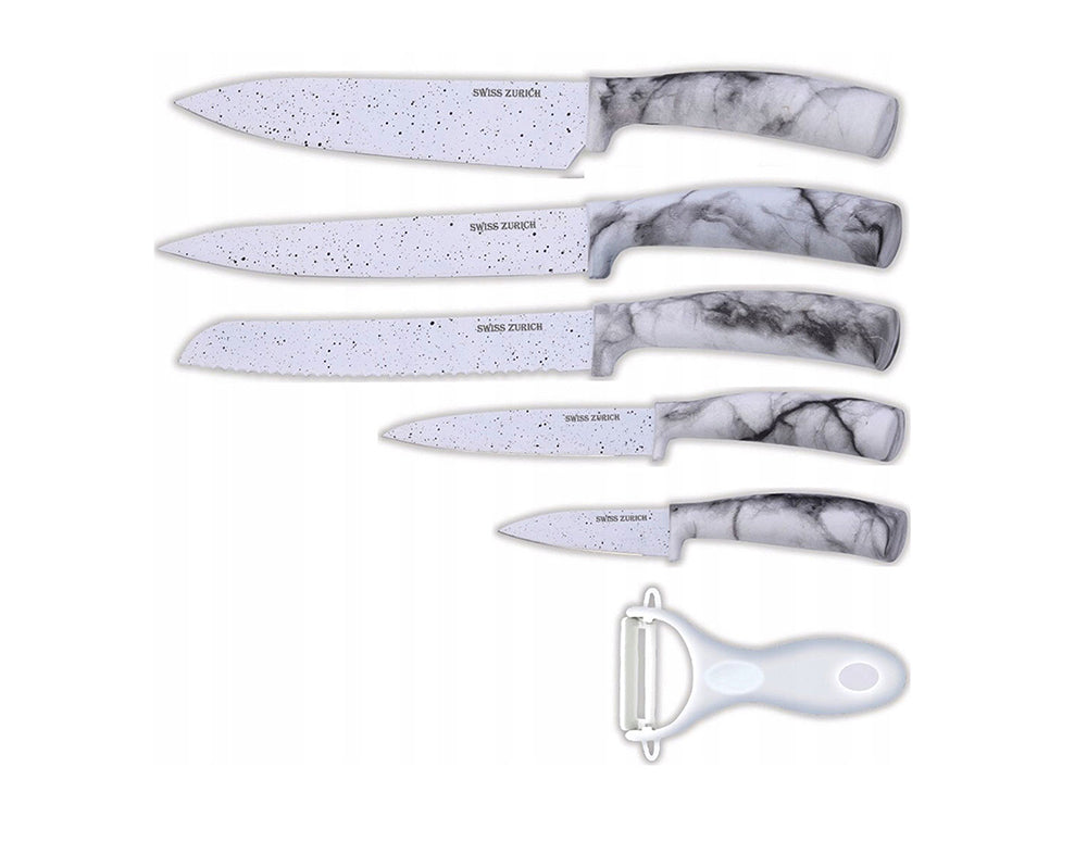 Комплект ножове и белачка SWISS ZURICH SZ 7348, 6 части, Стомана, Бял мрамор